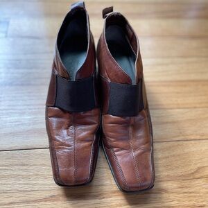 Sesto Meucci Italy Brown Leather Heels Slip On Square Toe Elastic Strap Y2K Sz 6